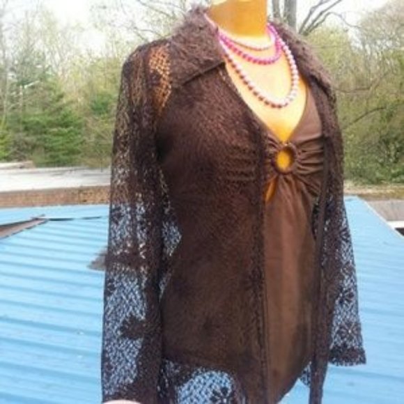 Vintage Other - Vintage brown net tie-front faux fur collar coverup NWT